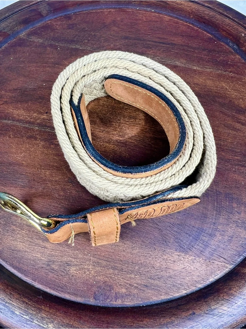 Vintage Zep-Pro Sport Belt 36 Taupe Woven Rope Leather Ends Brass Buckle USA